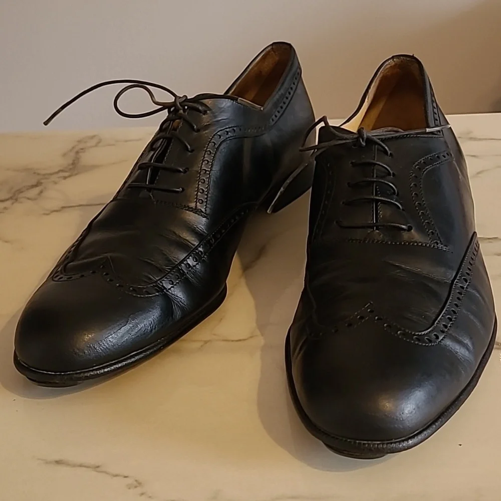 Salvatore Ferragamo Black Leather Lace-up Wingtip Oxfords Shoes Mens 10.5B